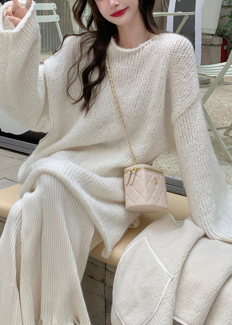 Beige O-neck Thick Cotton Knit Waistcoat Sweaters and Trousers Three Piece Set Winter