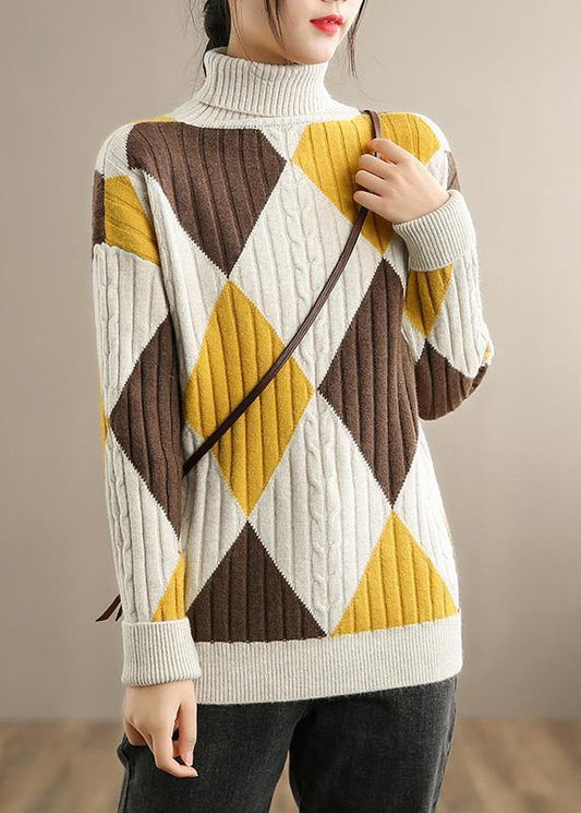 Oversized Beige Yellow Plaid Knitted Clothes High Neck Knitwear