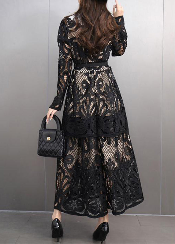 Black Peter Pan Collar Lace Long Dress Spring