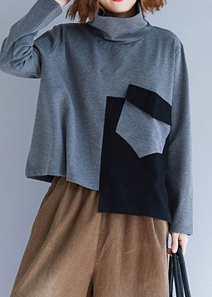 Grey Patchwork Cotton Loose Pullover Turtle Neck Spring