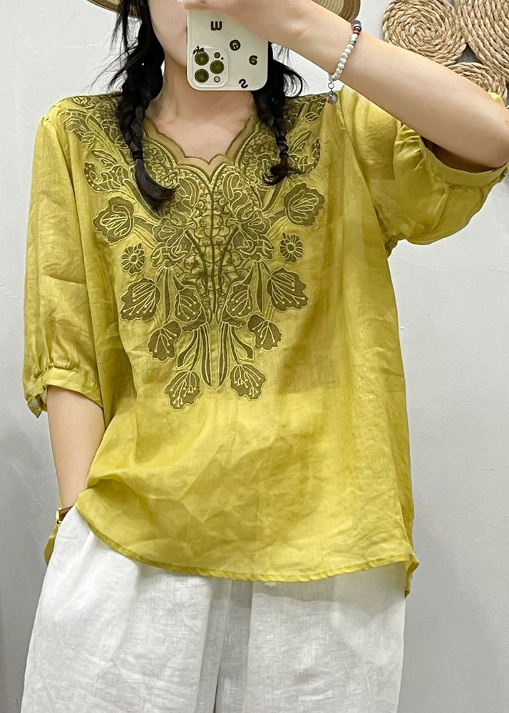 Retro White Embroideried Tulle Patchwork Ramie T Shirt Summer
