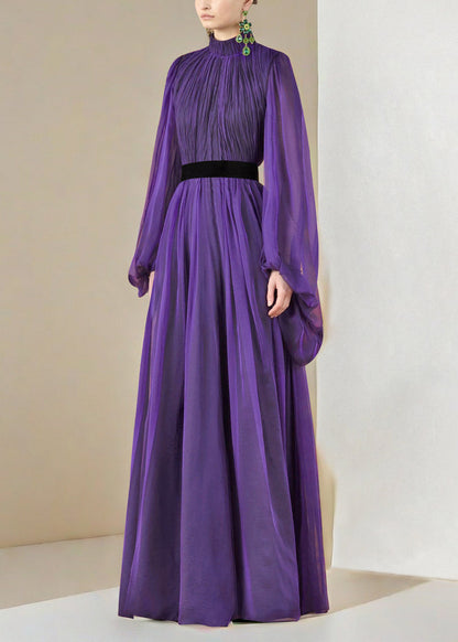 Italian Purple Stand Collar Wrinkled Silk Long Dresses Lantern Sleeve Spring