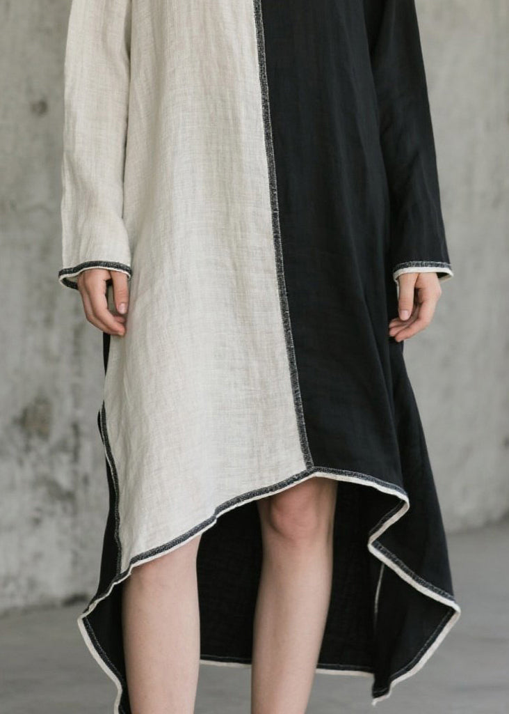 Art O-neck Asymmetrical Patchwork Cotton Maxi Dresses Spring