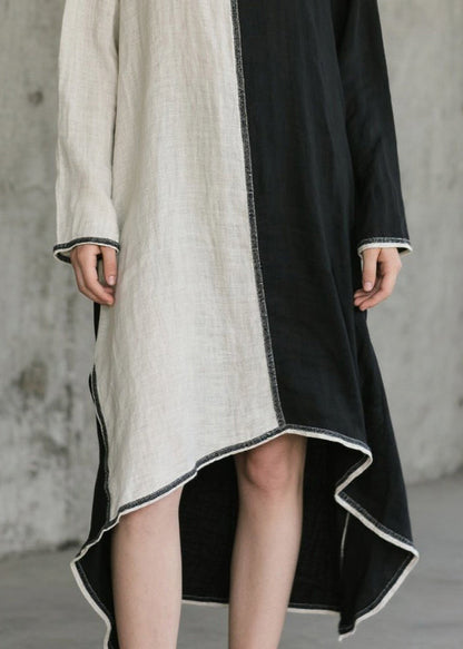 Art O-neck Asymmetrical Patchwork Cotton Maxi Dresses Spring