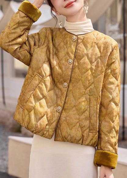 Yellow O Neck Pockets Jacquard Fine Cotton Filled Jacket Winter