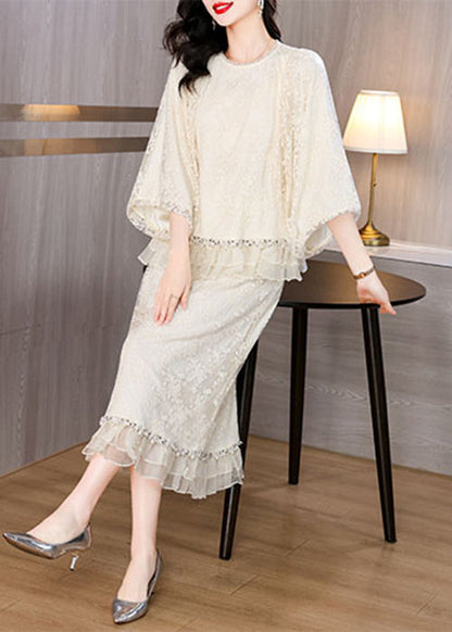 Beige Embroidered Nail Bead Lace Two Pieces Set Spring