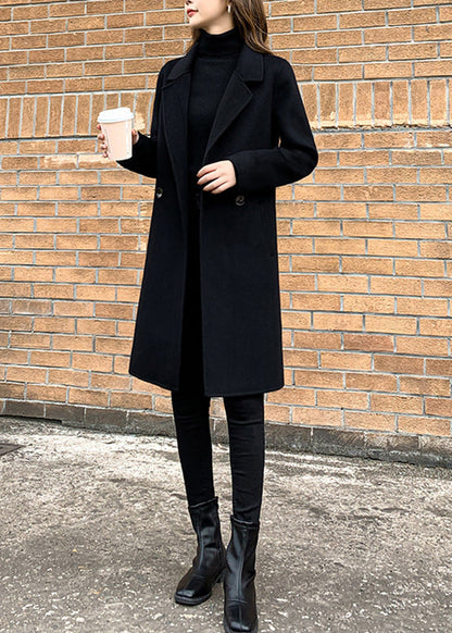 Slim Fit Black Notched Button Woolen Coats Fall