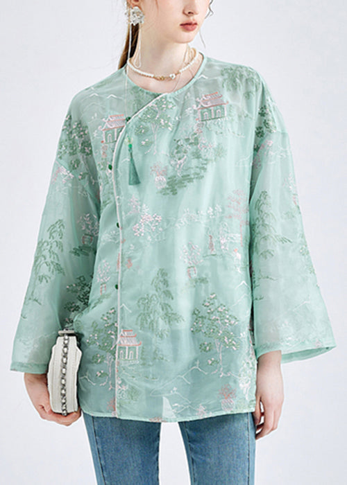 Green Embroidered Button Chiffon 2 Piece Outfit Spring