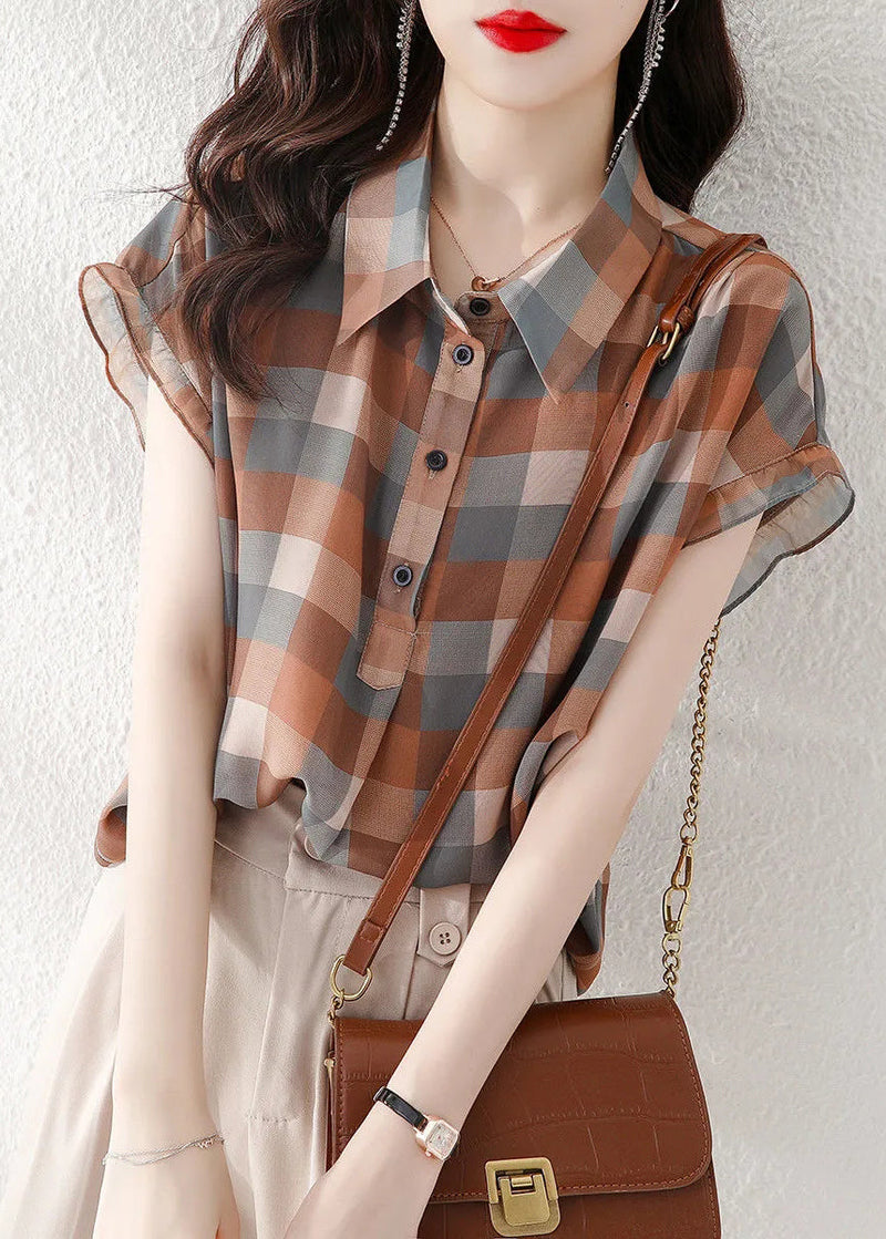 Peter Pan Collar Plaid Chiffon Shirts Short Sleeve