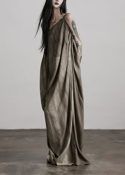 Art Tea Brown Cold Shoulder Wrinkled Patchwork Silk Dresses Summer