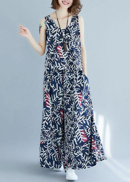 Blue Print Sleeveless Two-piece Set Summer Cotton Linen