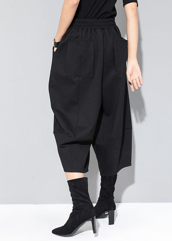 Modern Black Elastic Waist Patchwork Pockets Fall Wide Leg Pants