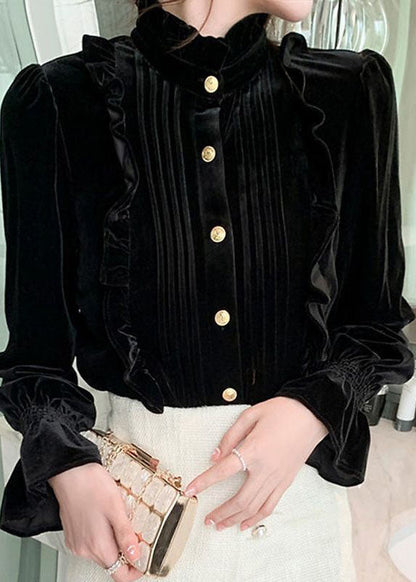 Black Stand Collar Ruffled Wrinkled Silk Velour Shirts Long Sleeve
