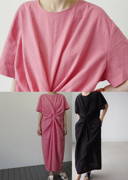 Black O-neck Bowknot Long Dress Short Sleeve