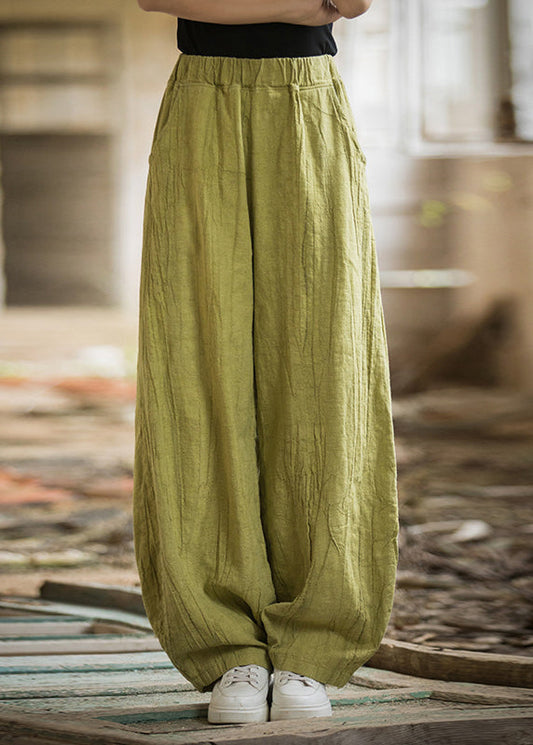 Green Pockets Elastic Waist Linen Pants Summer