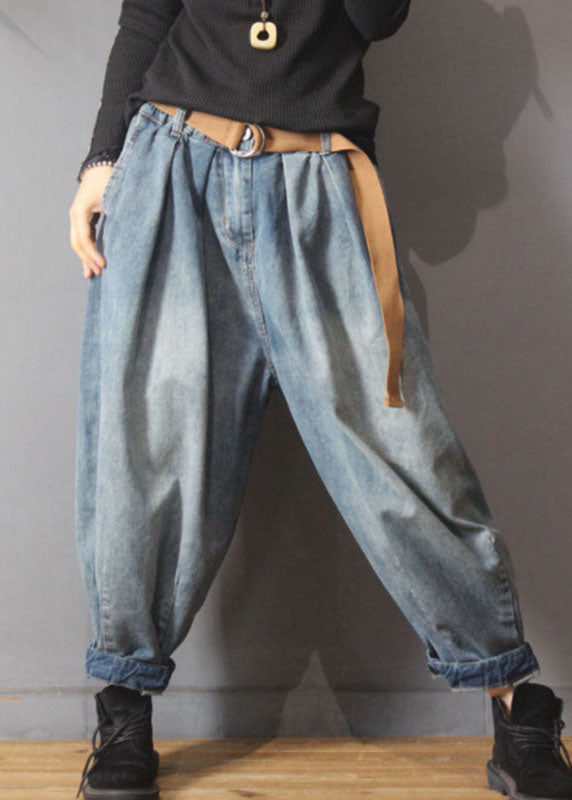 Loose Blue Retro Pockets Button Lantern Fall Denim Pants