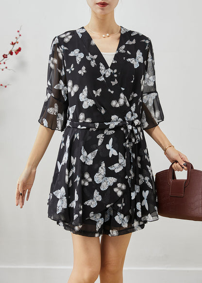 Black Butterfly Drawstring Chiffon Two Pieces Set Summer