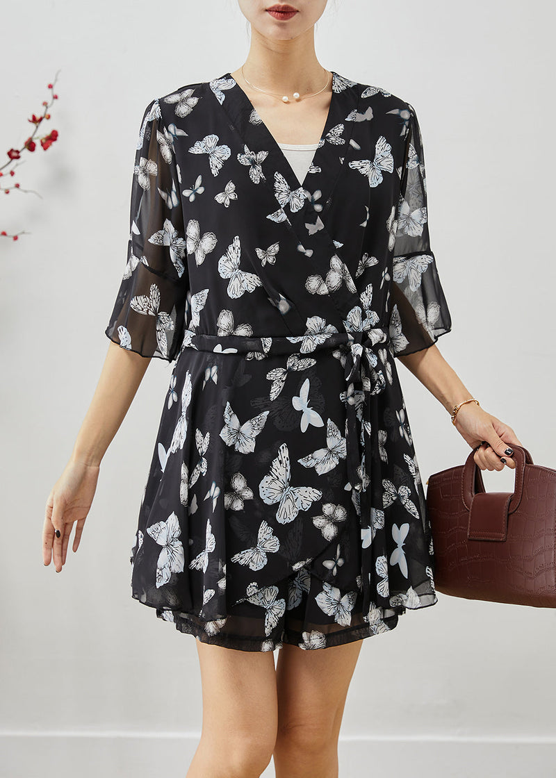 Black Butterfly Drawstring Chiffon Two Pieces Set Summer