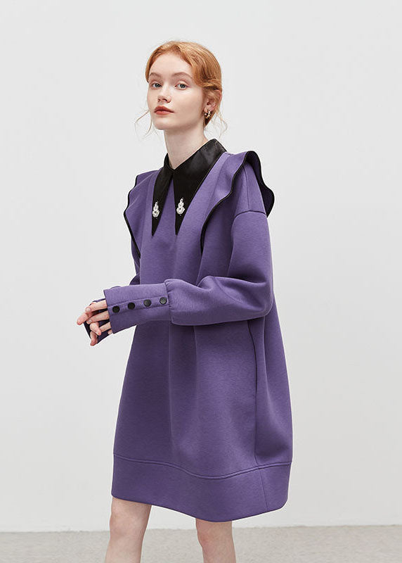 Purple Peter Pan Collar Patchwork Ruffled Cotton Dress Spring