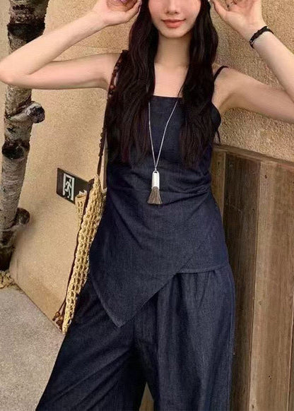 Navy Asymmetrical Silm Fit Denim 2 Piece Outfit Summer