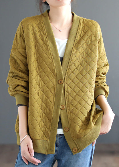 Yellow V Neck Button Cotton Cardigan Coats Fall