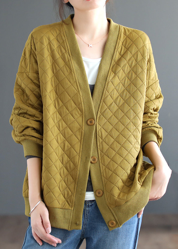 Yellow V Neck Button Cotton Cardigan Coats Fall
