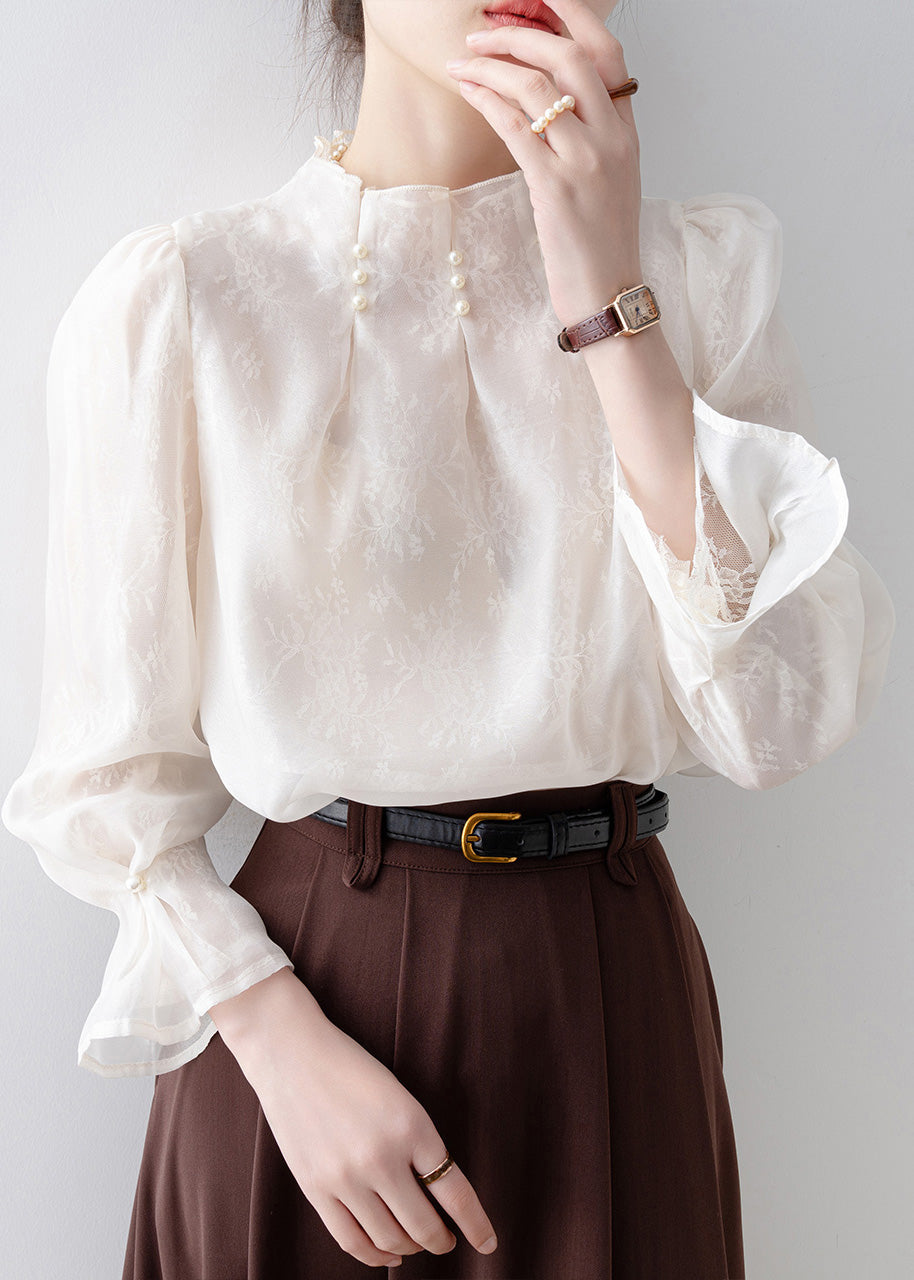 Fitted White Jacquard Nail Bead Chiffon Top Winter