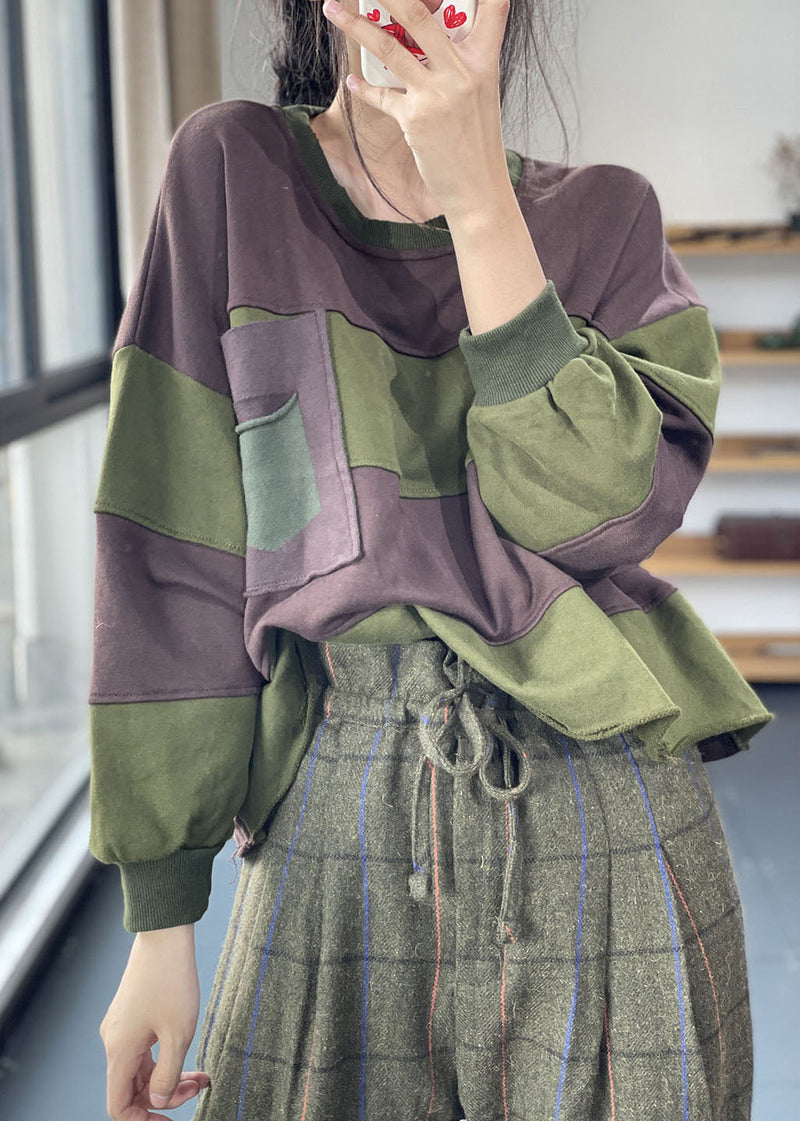Coffee O-neck Striped Hole Fall Pullover Sweatshirt