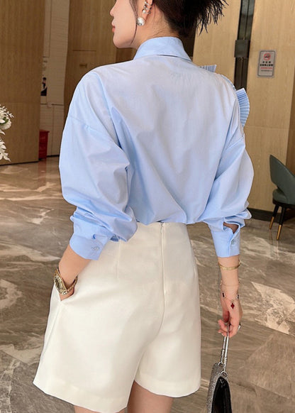Blue Peter Pan Collar Button Cotton Shirts Long Sleeve