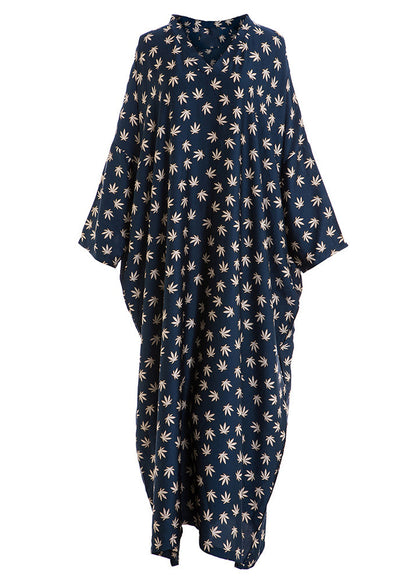 Navy V Neck Print Patchwork Silk Robe Dresses Fall