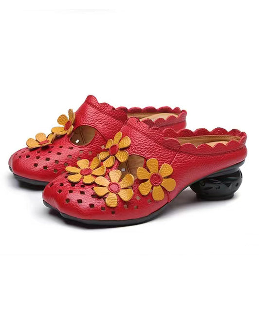 Splicing Red Cowhide Leather Slide Sandals