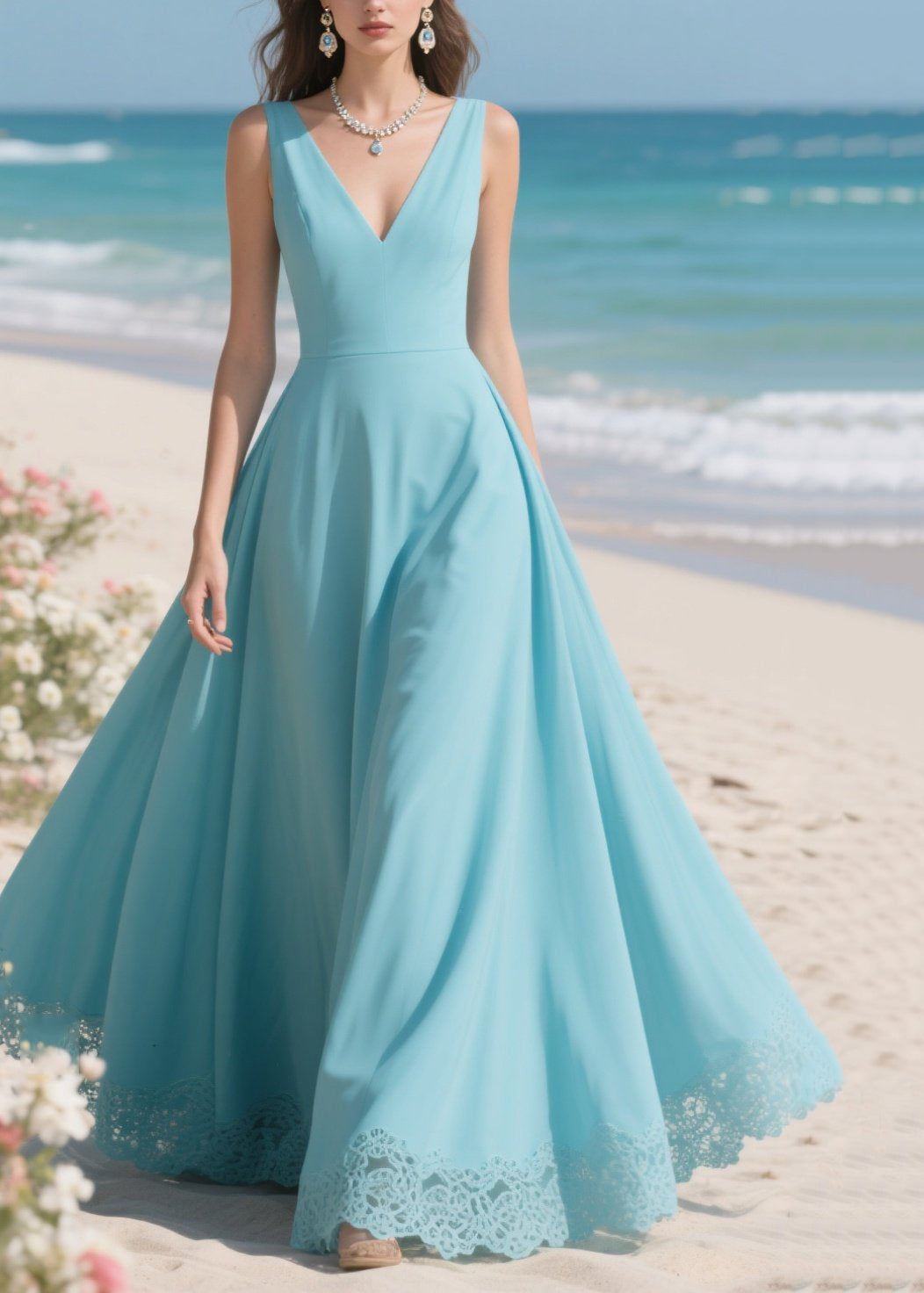 Diy Lake Blue Patchwork Exra Large Hem Chiffon Cami Dresses Summer