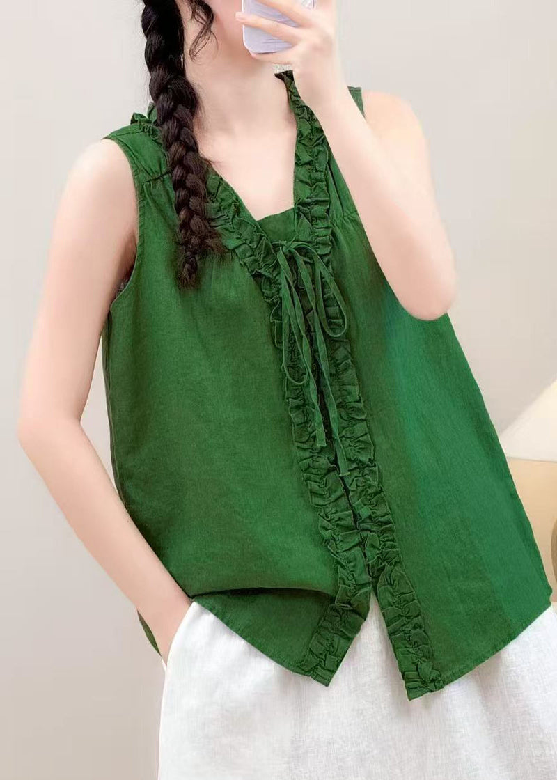 Green Ruffled Lace Up Linen Blouse Top Summer