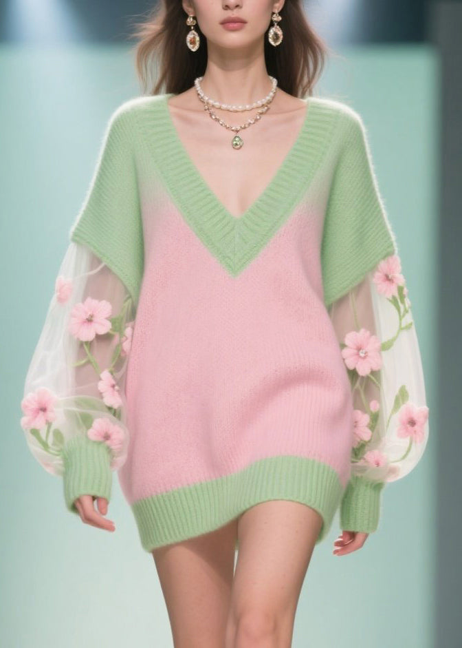 Colorblock V Neck Patchwork Tulle Long Sweaters Fall
