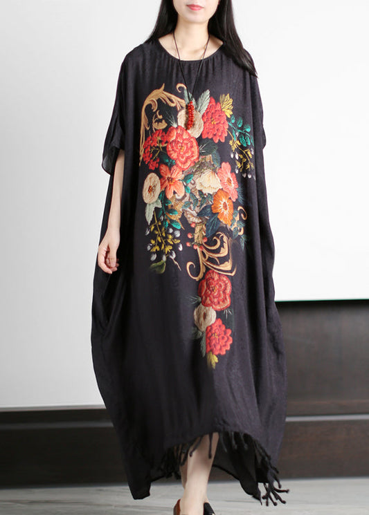 Red Print O-neck Tassel Silk Holiday Dress Short Sleeve