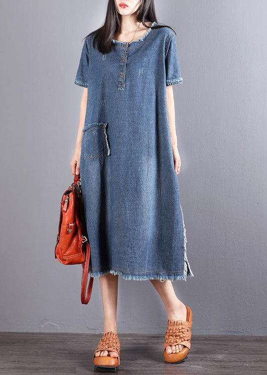 Style Blue O-neck Tassel Pocket Side Open Cotton Vacation Denim Dresses Short Sleeve