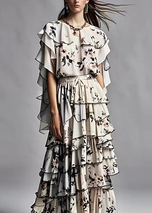 Black Ruffled Print Silk Two Pieces Set Summer