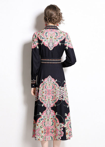 Stylish Black Peter Pan Collar Print Chiffon Long Cinch Dresses Fall