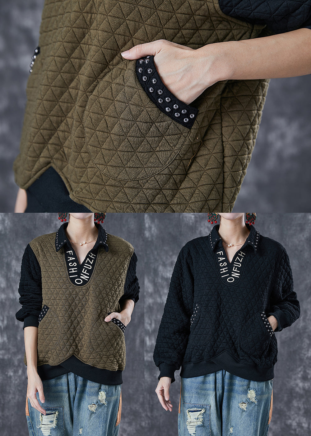 Army Green Patchwork Cotton Loose Sweatshirt Letter Embroideried Rivet Fall
