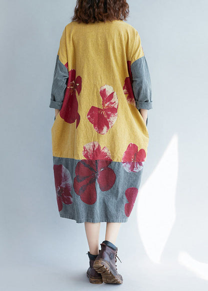 Modern Colorblock O-neck Oversized Patchwork Print Cotton Long Dress Spring