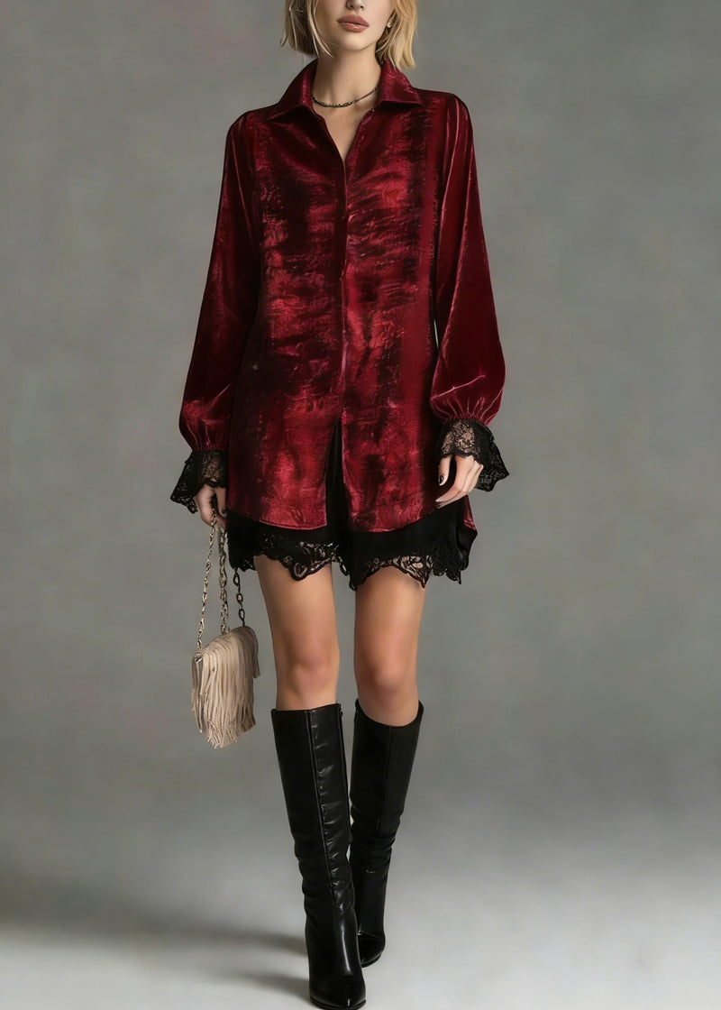 Red Peter Pan Collar Lace Patchwork Silk Shirt Top Spring