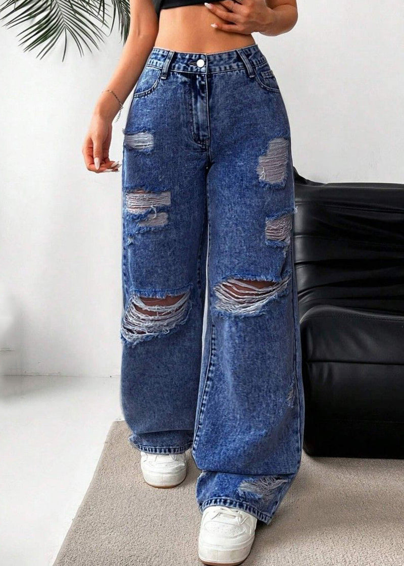 Dark Blue High Waist Ripped Wide Leg Denim Pants Spring