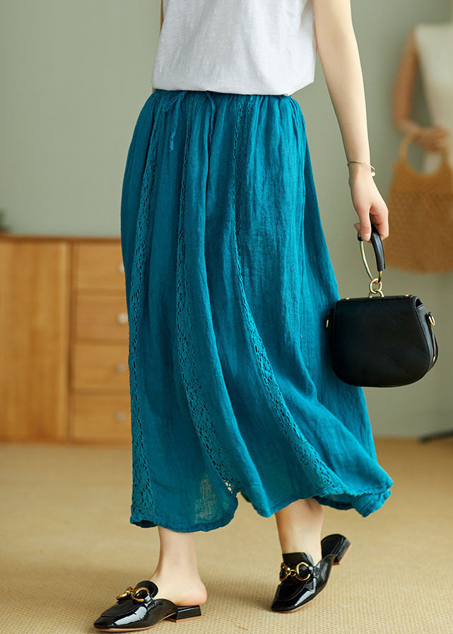 Art Peacock Blue Elastic Waist Linen Skirts Spring