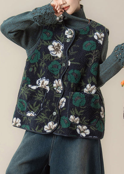 Style Green Print Faux Fur Waistcoat and Top Two Pieces Set Winter