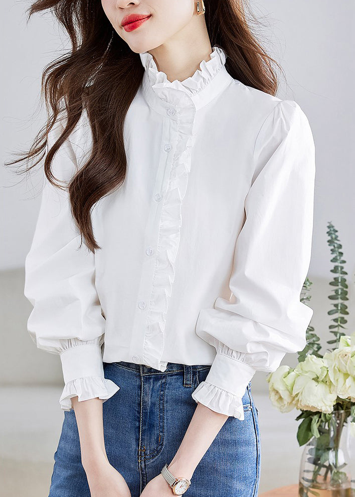 White Stand Collar Ruffled Patchwork Button Shirt Puff Sleeve
