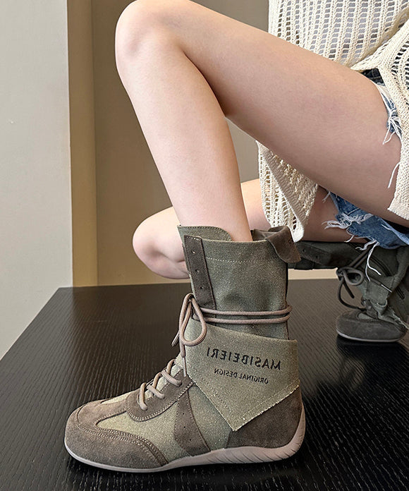 Khaki Boots Canvas Splicing Lace Up