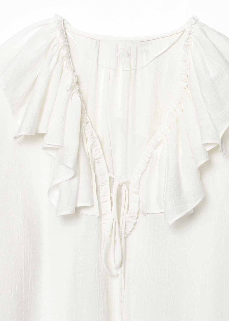 White V Neck Ruffled Patchwork Chiffon Top Fall