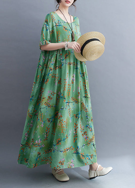 Organic Green O-neck Patchwork Wrinkled Long Dress Summer