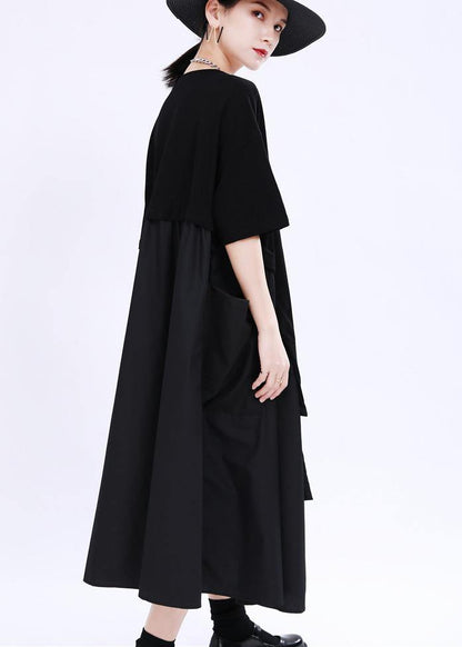 Comfy Black Patchwork Pockets Summer Cotton Dress