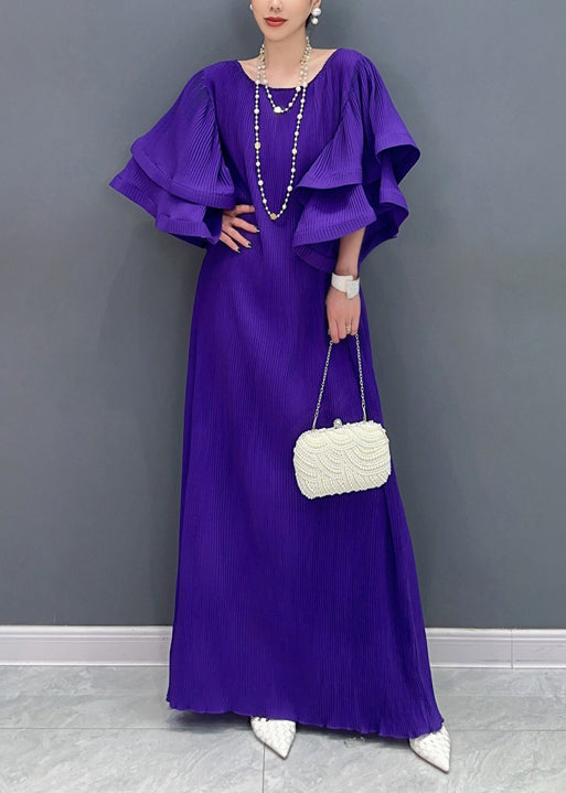 Purple O Neck Wrinkled Long Dresses Butterfly Sleeve